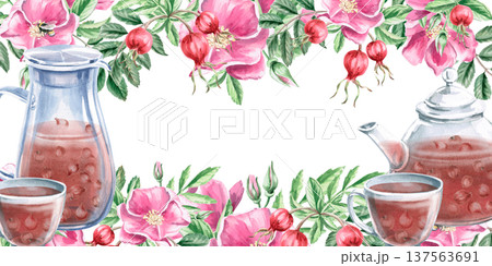 A rectangular frame with a teapot and a jug of rosehip infusion. Isolated watercolor illustration for designs related to natural ingredients, health, cosmetology, and herbal medicine. A rectangular frame with a teapot and a jug of rosehip infusion. Isolated watercolor illustration for designs related to natural ingredients, health, cosmetology, and herbal medicine. 137563691