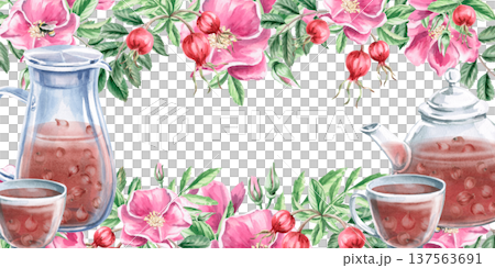 A rectangular frame with a teapot and a jug of rosehip infusion. Isolated watercolor illustration for designs related to natural ingredients, health, cosmetology, and herbal medicine. A rectangular frame with a teapot and a jug of rosehip infusion. Isolated watercolor illustration for designs related to natural ingredients, health, cosmetology, and herbal medicine. 137563691