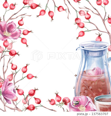 A square frame with bare rosehip branches, a pitcher of tea, and flowers. Isolated watercolor illustration for designs related to natural ingredients, health, cosmetology, and herbal medicine. A square frame with bare rosehip branches, a pitcher of tea, and flowers. Isolated watercolor illustration for designs related to natural ingredients, health, cosmetology, and herbal medicine. 137563707