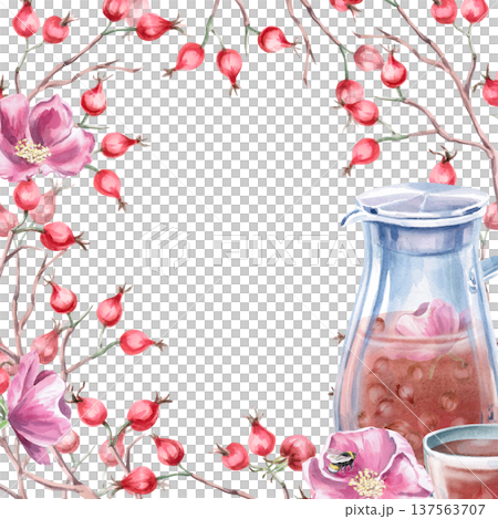A square frame with bare rosehip branches, a pitcher of tea, and flowers. Isolated watercolor illustration for designs related to natural ingredients, health, cosmetology, and herbal medicine. A square frame with bare rosehip branches, a pitcher of tea, and flowers. Isolated watercolor illustration for designs related to natural ingredients, health, cosmetology, and herbal medicine. 137563707