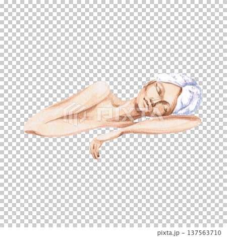 Watercolor illustration of a woman sleeping with her eyes closed, a towel on her head. Isolated illustration suitable for spa salons, beauty blogs, cosmetics advertising, home goods, bathroom designs. Watercolor illustration of a woman sleeping with her eyes closed, a towel on her head. Isolated illustration suitable for spa salons, beauty blogs, cosmetics advertising, home goods, bathroom designs. 137563710