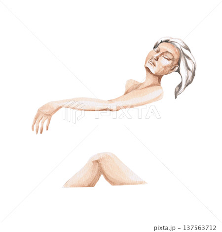 An elegant watercolor illustration of the female body. This isolated illustration is perfect for yoga studio announcements, meditation blogs, mental health websites, designer posters, and book covers. 137563712
