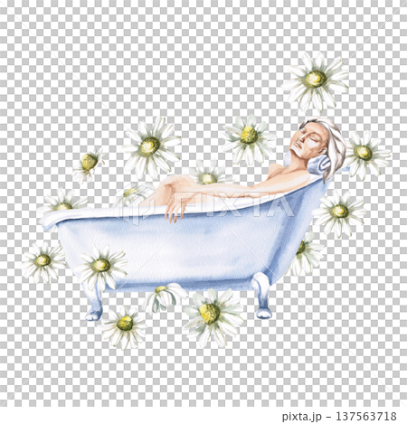An elegant watercolor illustration of a woman relaxing in a bathtub, against a background of daisy flowers. Isolated illustration for spa salons, cosmetic brands, health magazines, lifestyle blogs. 137563718