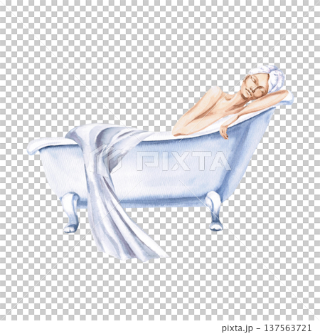 An elegant watercolor illustration of a woman relaxing in a bathtub, eyes closed, radiating peace. Isolated illustration for spa salons, cosmetic brands, health magazines, and lifestyle blogs. An elegant watercolor illustration of a woman relaxing in a bathtub, eyes closed, radiating peace. Isolated illustration for spa salons, cosmetic brands, health magazines, and lifestyle blogs. 137563721