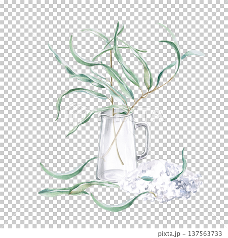 A glass pitcher with eucalyptus branches and sea salt. Isolated illustration for health blogs, spas, natural cosmetics brands, bath products, interior design, and advertising materials. A glass pitcher with eucalyptus branches and sea salt. Isolated illustration for health blogs, spas, natural cosmetics brands, bath products, interior design, and advertising materials. 137563733
