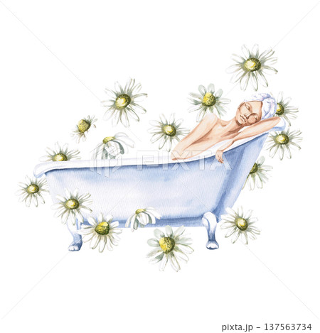 Watercolor illustration of a woman enjoying a bath among steaming chamomile flowers. Isolated illustration for spas, health and beauty blogs, natural cosmetics brands, gifts, cards, themed designs. Watercolor illustration of a woman enjoying a bath among steaming chamomile flowers. Isolated illustration for spas, health and beauty blogs, natural cosmetics brands, gifts, cards, themed designs. 137563734