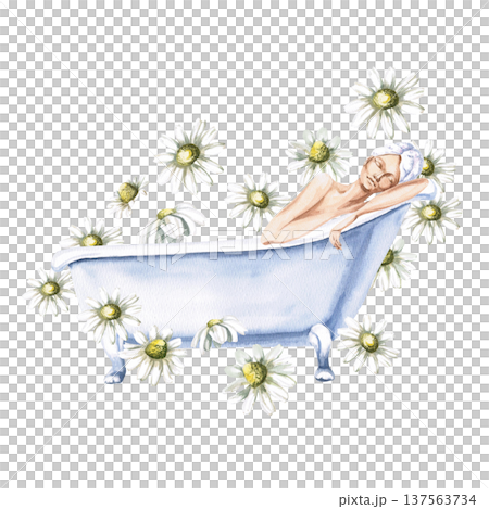 Watercolor illustration of a woman enjoying a bath among steaming chamomile flowers. Isolated illustration for spas, health and beauty blogs, natural cosmetics brands, gifts, cards, themed designs. Watercolor illustration of a woman enjoying a bath among steaming chamomile flowers. Isolated illustration for spas, health and beauty blogs, natural cosmetics brands, gifts, cards, themed designs. 137563734