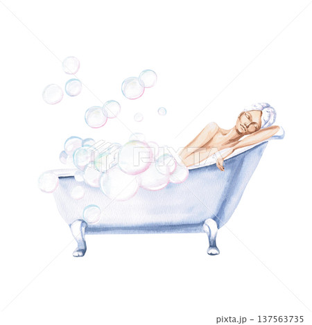 Watercolor illustration of a woman in a relaxed pose taking a bubble bath. Isolated illustration suitable for beauty blogs, spas, cosmetic brands, home goods advertising, and greeting cards. 137563735