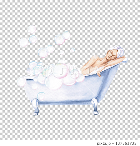 Watercolor illustration of a woman in a relaxed pose taking a bubble bath. Isolated illustration suitable for beauty blogs, spas, cosmetic brands, home goods advertising, and greeting cards. 137563735