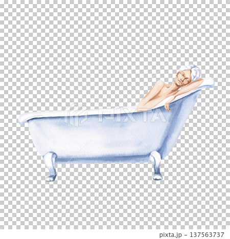 Watercolor illustration of a woman enjoying a relaxing bath. Isolated illustration for spas, skincare brands, health and beauty magazines, women's wellness websites, and home design. Watercolor illustration of a woman enjoying a relaxing bath. Isolated illustration for spas, skincare brands, health and beauty magazines, women's wellness websites, and home design. 137563737