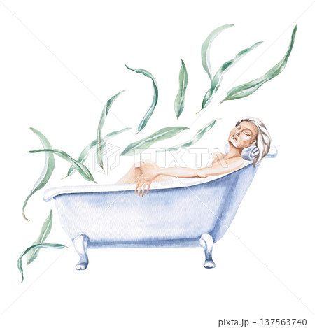 Watercolor illustration of a woman in a bathtub surrounded by eucalyptus leaves. Isolated illustration for spas, health, beauty magazines, natural cosmetics brands, wellness centers, lifestyle blogs. Watercolor illustration of a woman in a bathtub surrounded by eucalyptus leaves. Isolated illustration for spas, health, beauty magazines, natural cosmetics brands, wellness centers, lifestyle blogs. 137563740
