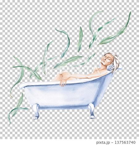 Watercolor illustration of a woman in a bathtub surrounded by eucalyptus leaves. Isolated illustration for spas, health, beauty magazines, natural cosmetics brands, wellness centers, lifestyle blogs. Watercolor illustration of a woman in a bathtub surrounded by eucalyptus leaves. Isolated illustration for spas, health, beauty magazines, natural cosmetics brands, wellness centers, lifestyle blogs. 137563740