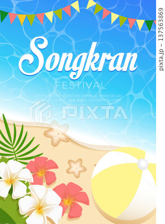 Songkran Festival design with beach scene and festive elements. Vector illustration 137563869