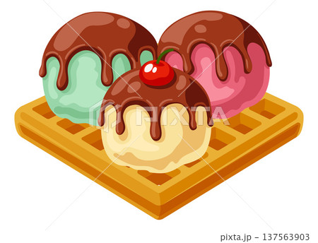 Ice Cream Scoops on Waffle Dessert Illustration Ice Cream Scoops on Waffle Dessert Illustration 137563903