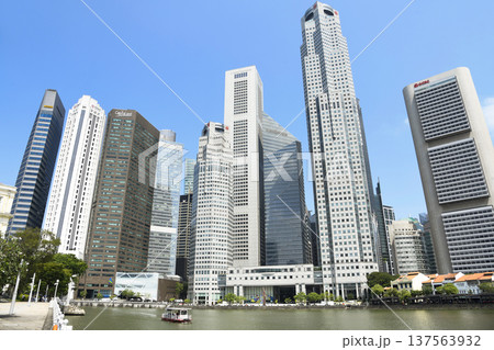 Panoramic view of the Financial District skyscrapers along the Singapore River. Panoramic view of the Financial District skyscrapers along the Singapore River. 137563932