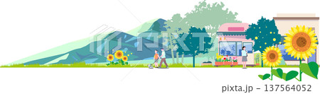 ひまわりが咲く夏の街並みと犬の散歩をする親子、背景に広がる青い山々のフラットイラスト ひまわりが咲く夏の街並みと犬の散歩をする親子、背景に広がる青い山々のフラットイラスト 137564052