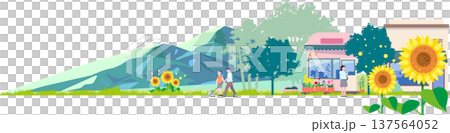A flat illustration of a summer cityscape with blooming sunflowers, a parent and child walking a dog, and blue mountains in the background 137564052