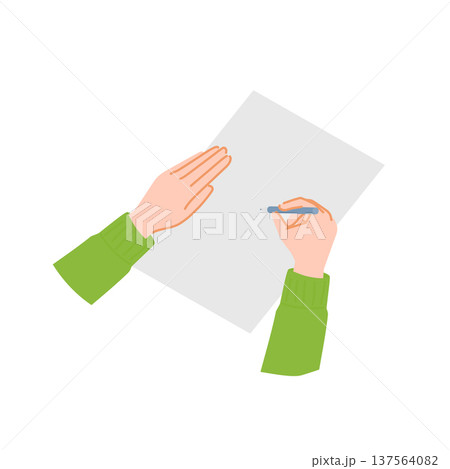 書類にペンで記入している手元のイラスト 斜め視点 白背景 137564082