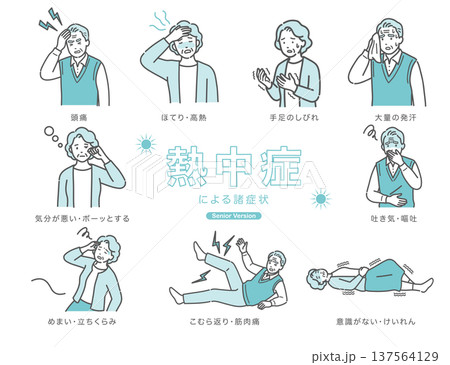 シニア(高齢者)の熱中症による諸症状のイラストセット シニア(高齢者)の熱中症による諸症状のイラストセット 137564129