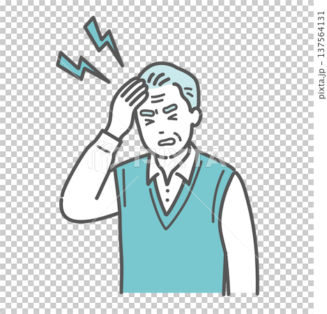 Illustration of a senior man (grandfather) suffering from a headache and fever Illustration of a senior man (grandfather) suffering from a headache and fever 137564131