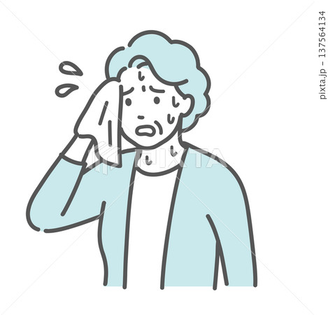 大量に汗をかいて辛そうなシニア女性（おばあちゃん）のイラスト 137564134