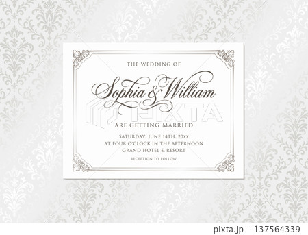 高級感のあるシルバーのウェディング招待状テンプレート - ヴィンテージ花柄フレームとカリグラフィー 高級感のあるシルバーのウェディング招待状テンプレート - ヴィンテージ花柄フレームとカリグラフィー 137564339