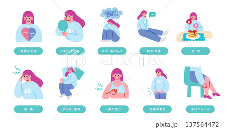 PMSに悩む女性のイラストセット 137564472