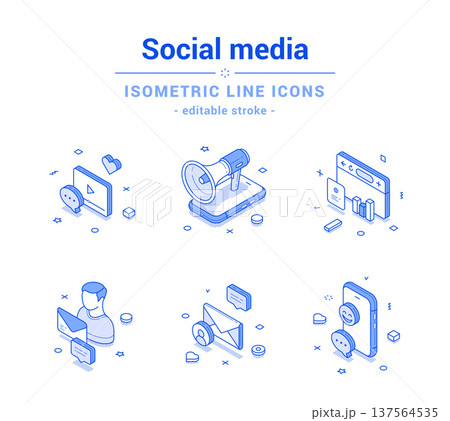 Social media network internet marketing outline line isometric icon set vector illustration 137564535