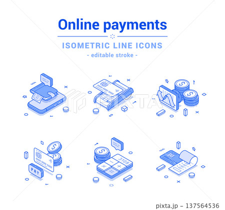 Online payment financial banking shopping money transfer outline line isometric icon set vector Online payment financial banking shopping money transfer outline line isometric icon set vector 137564536