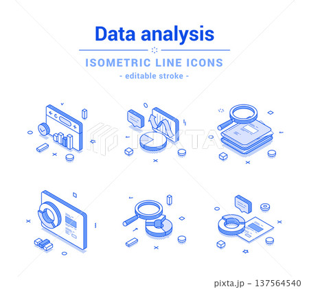 Data analysis statistic business monitoring chart graph outline line isometric icon set vector 137564540