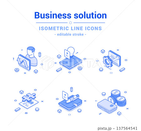 Business solution planning brainstorming analyzing outline line isometric icon set vector 137564541