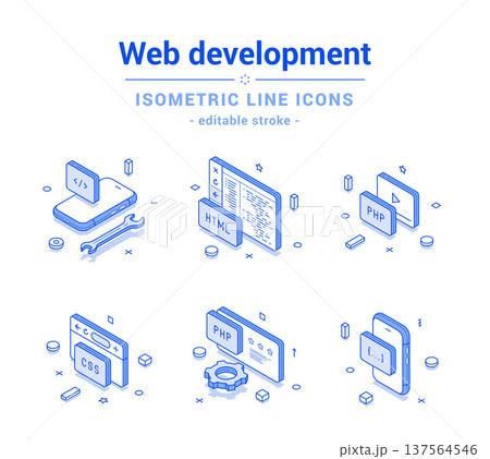 Software web development coding programming outline line isometric icon set vector 137564546