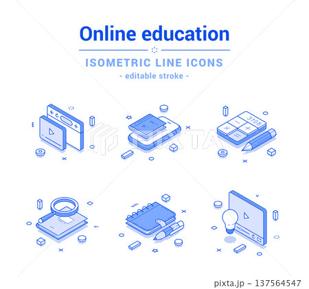 Online education e learning remotely lesson tutorial outline line isometric icon set vector 137564547