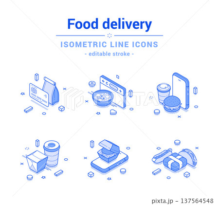Food delivery online menu restaurant courier service outline line isometric icon set vector 137564548