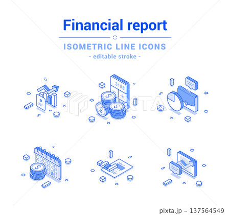 Financial report business economy accounting analyzing outline line isometric icon set vector 137564549