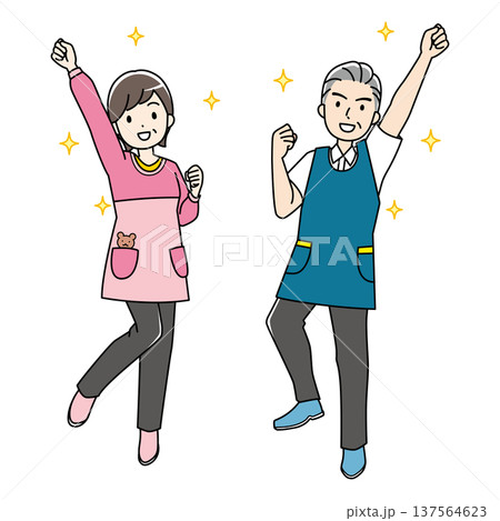 エプロン姿の元気なシニア男女のカラーイラスト 137564623