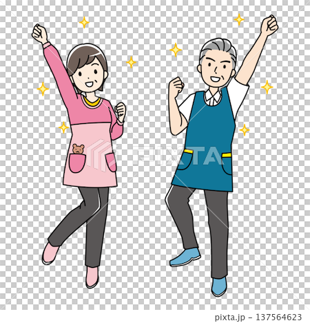 エプロン姿の元気なシニア男女のカラーイラスト 137564623