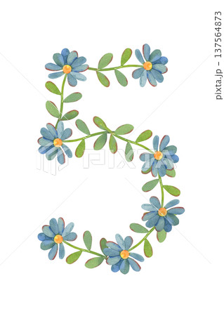 Number five made of small blue flat flowers, watercolor isolated on white background. Perfect for birthday invitations, anniversary designs, baby milestones, greeting cards, posters, festive branding Number five made of small blue flat flowers, watercolor isolated on white background. Perfect for birthday invitations, anniversary designs, baby milestones, greeting cards, posters, festive branding 137564873