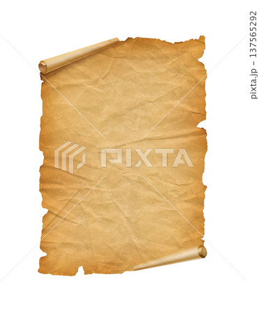Old crumpled mediaeval Parchment paper scroll isolated on white 137565292