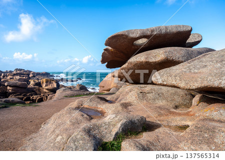Granite head rock near Mean Ruz on Tregastel coast, Brittany, France 137565314