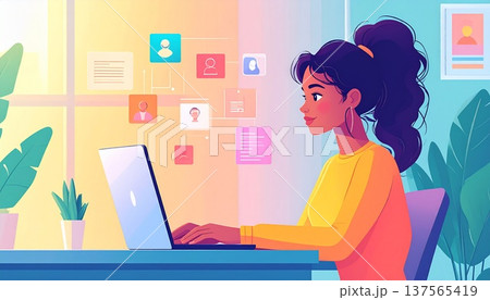 オンラインチームとつながる在宅勤務のリモートワークとデジタルコラボレーション 137565419