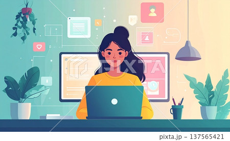 オンラインチームとつながる在宅勤務のリモートワークとデジタルコラボレーション 137565421