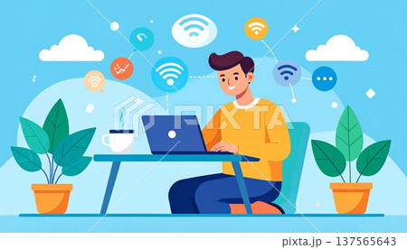 ノートパソコンでオンラインコミュニケーションを行う在宅ワークのフリーランス 137565643