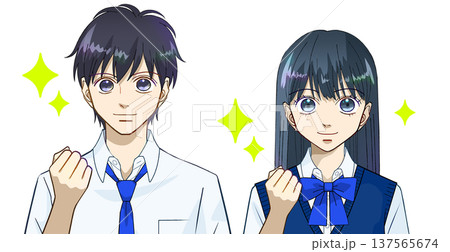前向きな表情でガッツポーズをする夏服の高校生または中学生の男女のアニメ風イラスト、白バック 前向きな表情でガッツポーズをする夏服の高校生または中学生の男女のアニメ風イラスト、白バック 137565674