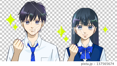 前向きな表情でガッツポーズをする夏服の高校生または中学生の男女のアニメ風イラスト、白バック 前向きな表情でガッツポーズをする夏服の高校生または中学生の男女のアニメ風イラスト、白バック 137565674