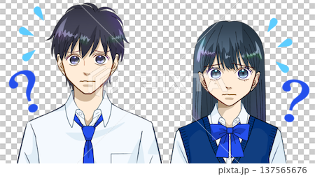 動漫風格的插畫，描繪了穿著夏裝的高中或初中男女學生，他們顯得茫然不知所措、困惑或焦慮不安，背景為白色。 137565676