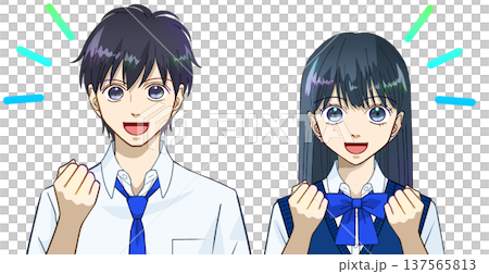 動漫風格的插畫，描繪了一男一女高中生或國中生身著夏裝，面帶微笑，握拳慶祝，背景為白色。 137565813