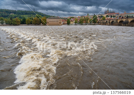 Flood in Prague. View of Prague Castle across the flooding river Vltava, Prague 137566019