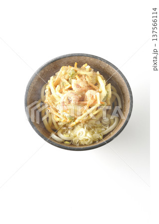 海老と野菜の熱々かき揚げうどんを白背景で撮影 海老と野菜の熱々かき揚げうどんを白背景で撮影 137566114
