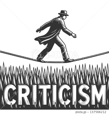 Man Walking Tightrope Above Sharp Criticism Spikes 137566212